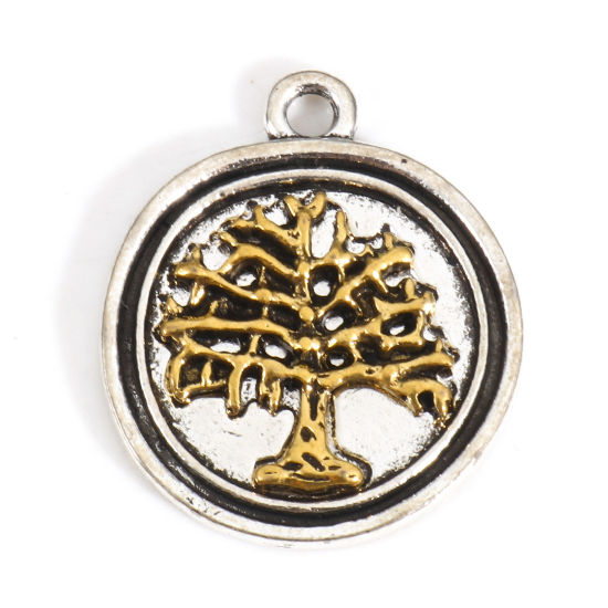 Picture of Zinc Based Alloy Charms Antique Silver Color Gold Tone Antique Gold Two Tone Round Disc Tree 23mm x 19mm, 10 PCs