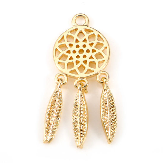 Picture of Brass Charms 18K Real Gold Plated Dream Catcher Feather Hollow 24mm x 9mm, 2 PCs                                                                                                                                                                              
