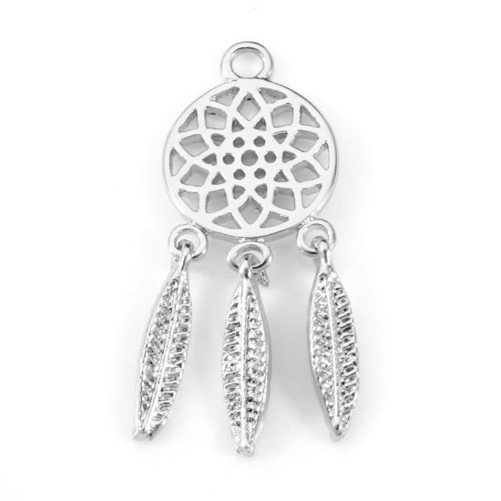 Picture of Brass Charms Real Platinum Plated Dream Catcher Feather Hollow 24mm x 9mm, 2 PCs                                                                                                                                                                              