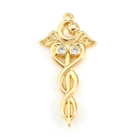 Picture of Brass Religious Pendants 18K Real Gold Plated Half Moon Medical Alert ID Caduceus Clear Cubic Zirconia 3.1cm x 1.5cm, 2 PCs                                                                                                                                   