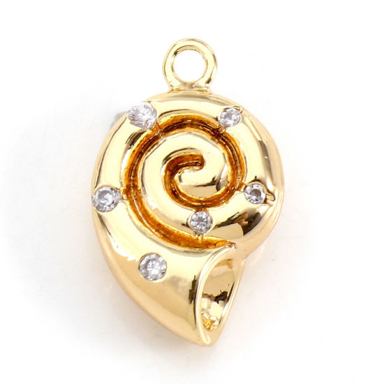 Picture of Brass Charms 18K Real Gold Plated Conch/ Sea Snail Clear Cubic Zirconia 15mm x 9mm, 2 PCs