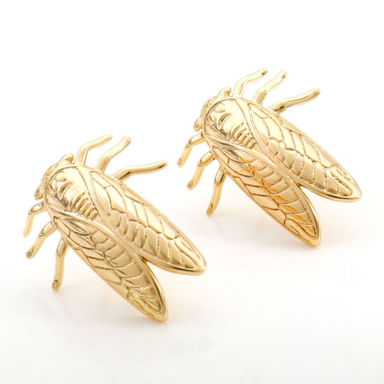 Image de Accessoires de Boucles d'Oreilles Insecte en Laiton Plaqué Or Véritable 18K Cigale avec Boucle 23mm x 20mm, Epaisseur de Fil: (19 gauge), 2 Pcs