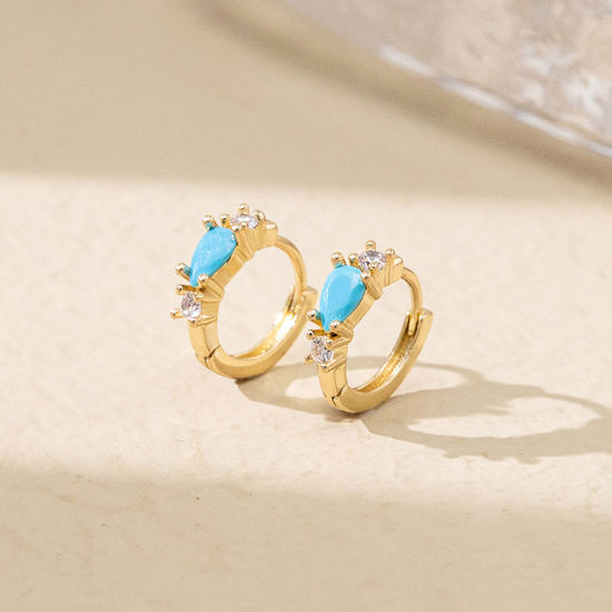 Picture of Brass Y2K Hoop Earrings 14K Gold Color Drop Imitation Turquoise Clear Rhinestone 10mm Dia., 1 Pair                                                                                                                                                            