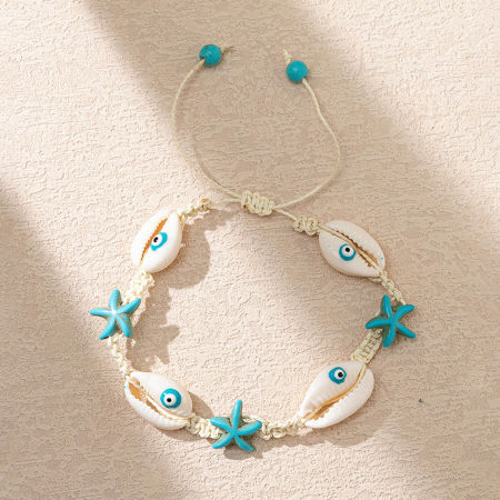 Image de Bracelets Tressés Bijoux d'Océan en Coquille Naturelle Blanc & Bleu Etoile de Mer 6cm-8cm Dia., 1 Pièce