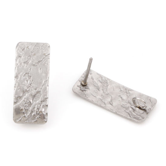 Picture of 10 PCs Eco-friendly PVD Vacuum Plating 304 Stainless Steel Ear Post Stud Earring With Loop Connector Accessories Rectangle Silver Tone Wood Grain 20mm x 8mm, Post/ Wire Size: (20 gauge)