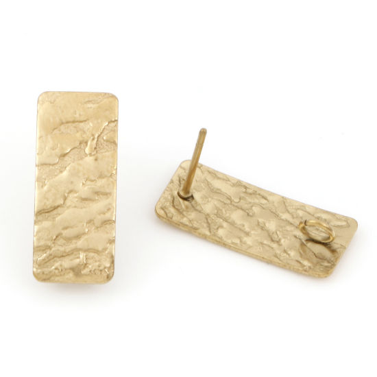 Picture of Eco-friendly PVD Vacuum Plating 304 Stainless Steel Ear Post Stud Earring With Loop Connector Accessories Rectangle 18K Gold Plated Wood Grain 20mm x 8mm, Post/ Wire Size: (20 gauge), 10 PCs