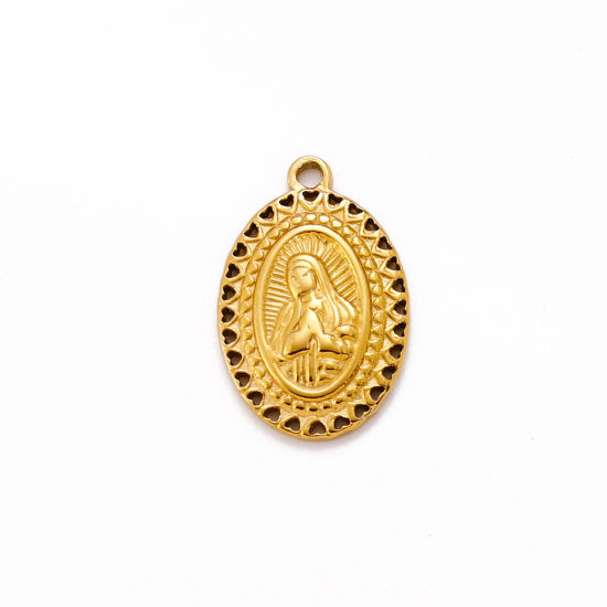 Изображение Экологически чистое вакуумное покрытие 304 Нержавеющая Сталь религия Подвески Овальные 18K позолоченный Богородица 21мм x 13мм, 1 ШТ