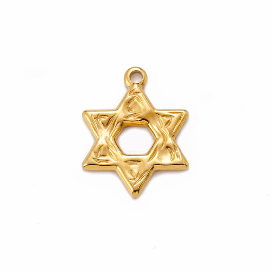 Picture of 1 Piece Eco-friendly Vacuum Plating 304 Stainless Steel Religious Charms 18K Gold Plated Star Of David Hexagram Hollow 17mm x 13mm