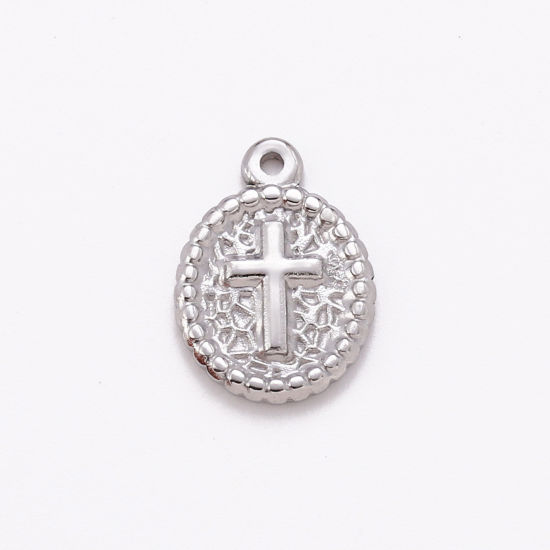 Picture of Eco-friendly 304 Stainless Steel Religious Charms Silver Tone Oval Cross 18mm x 13mm, 1 Piece