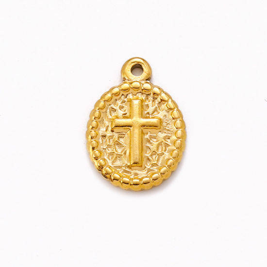 Picture of Eco-friendly Vacuum Plating 304 Stainless Steel Religious Charms 18K Gold Plated Oval Cross 18mm x 13mm, 1 Piece