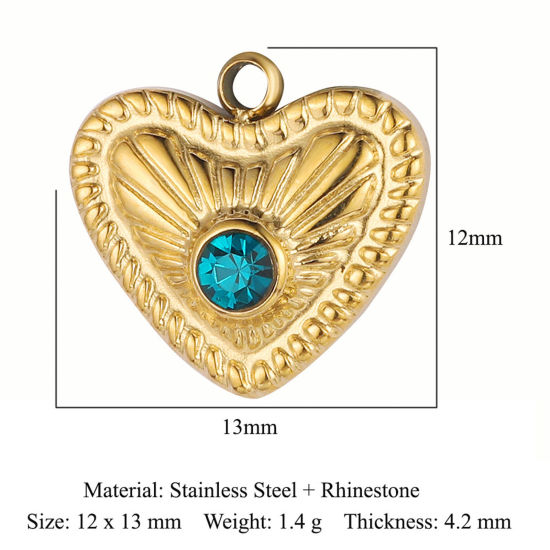 Изображение Экологически чистое вакуумное покрытие 304 Нержавеющая Сталь День святого Валентина Подвески Сердце 18K позолоченный Сине-зеленые Горный Хрусталь 13мм x 12мм, 1 ШТ