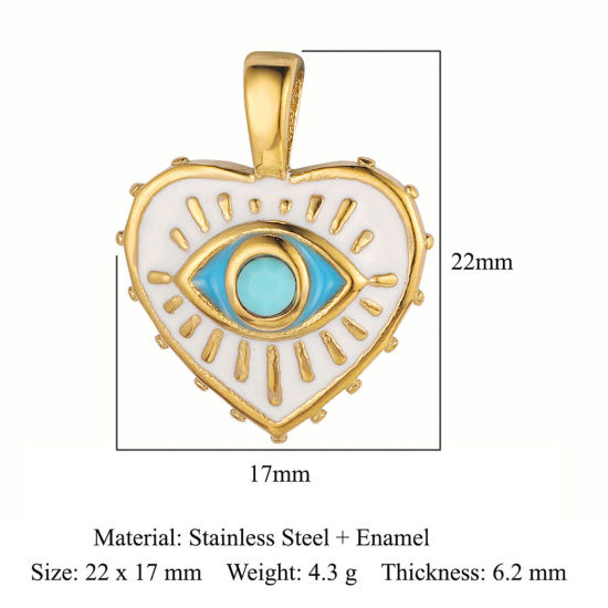 Изображение Экологически чистое вакуумное покрытие 304 Нержавеющая Сталь День святого Валентина Подвески Сердце 18K позолоченный Белый & Синий Око Провидения / Всевидящее Око С Эмалью 22мм x 17мм, 1 ШТ