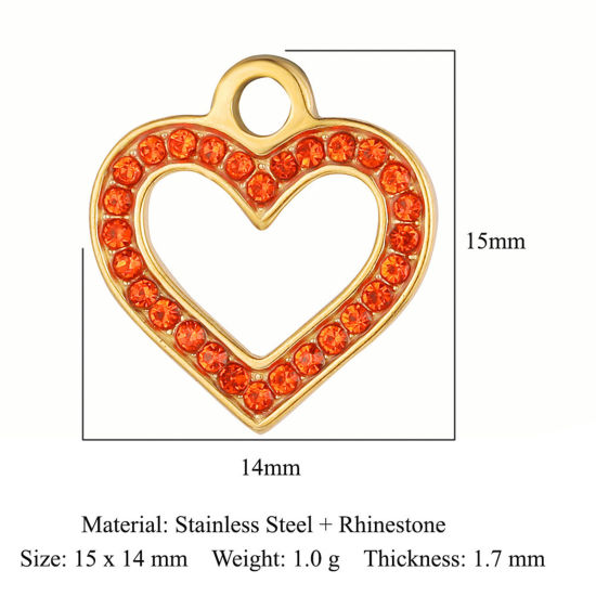 Изображение Экологически чистое вакуумное покрытие 304 Нержавеющая Сталь День святого Валентина Подвески Сердце 18K позолоченный Оранжевый Горный Хрусталь 15мм x 14мм, 1 ШТ