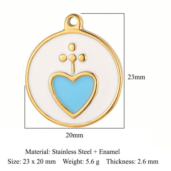 Изображение Экологически чистое вакуумное покрытие 304 Нержавеющая Сталь религия Подвески Круглые 18K позолоченный Синий Сердце С Эмалью 23мм x 20мм, 1 ШТ