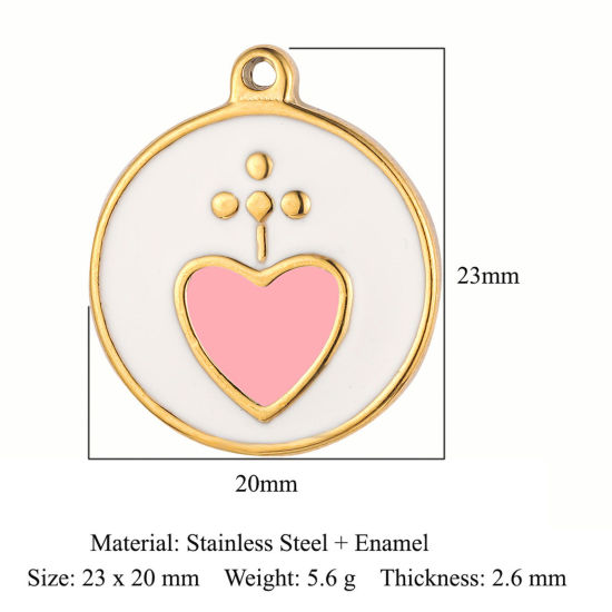 Изображение Экологически чистое вакуумное покрытие 304 Нержавеющая Сталь религия Подвески Круглые 18K позолоченный Светло-розовый Сердце С Эмалью 23мм x 20мм, 1 ШТ