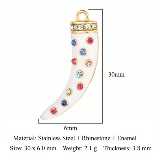 Picture of Eco-friendly Vacuum Plating 304 Stainless Steel Pendants 18K Gold Plated White Wolf Tooth Enamel Multicolor Rhinestone 30mm x 6mm, 1 Piece