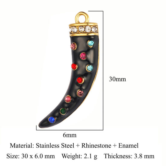 Picture of Eco-friendly Vacuum Plating 304 Stainless Steel Pendants 18K Gold Plated Black Wolf Tooth Enamel Multicolor Rhinestone 30mm x 6mm, 1 Piece