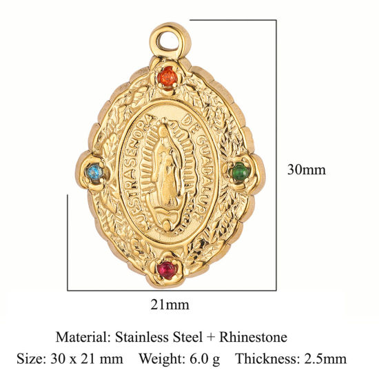 Bild von Umweltfreundliche Vakuumbeschichtung 304 Edelstahl Religiös Anhänger Oval 18K Gold plattiert Heilige Maria Mutter Gottes Bunt Strass 30mm x 21mm, 1 Stück