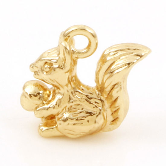 Picture of Brass Charms 18K Real Gold Plated Squirrel Animal Acorn 3D 10mm x 10mm, 5 PCs