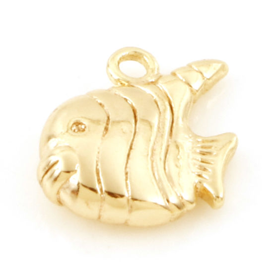 Bild von Messing Charms 18K Echtgold plattiert Tropischer Fisch 3D 11mm x 9.5mm, 3 Stück