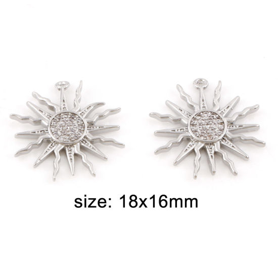 Picture of Brass Galaxy Charms Real Platinum Plated Sun Micro Pave Clear Cubic Zirconia 18mm x 16mm, 2 PCs