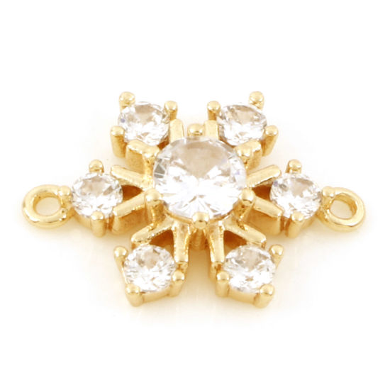 Bild von Messing Wetter Kollektion Steckverbinder Charms Anhänger Weihnachten Schneeflocke 18K Echtgold plattiert Micro Pave Klar Zirkonia 17mm x 12mm, 2 Stück