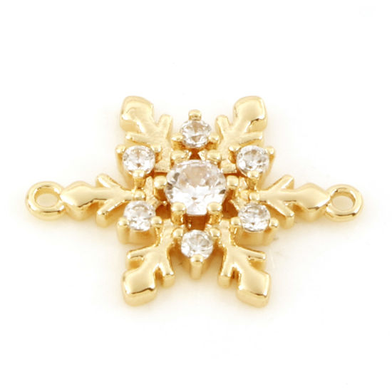 Bild von Messing Wetter Kollektion Steckverbinder Charms Anhänger Weihnachten Schneeflocke 18K Echtgold plattiert Micro Pave Klar Zirkonia 16.5mm x 11.5mm, 2 Stück