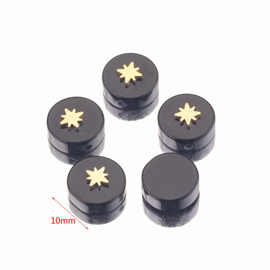 Image de Perles avec Écusson en Acier Inoxydable pour DIY Fabrication de Bijoux de Charme en Obsidienne ( Naturel/Teint ) Plat-Rond Etoile Doré Env. 10mm Dia., 1 Pièce