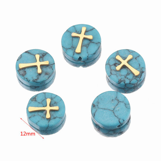 Image de Perles avec Écusson en Acier Inoxydable pour DIY Fabrication de Bijoux de Charme en Turquoise Bleu ( Synthétique ) Plat-Rond Croix Doré Env. 12mm Dia., 1 Pièce