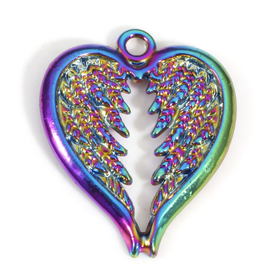 Bild von Zinklegierung Valentinstag Anhänger Regenbogenfarbe Plattiert Herz Flügel 3cm x 2.4cm, 5 Stück