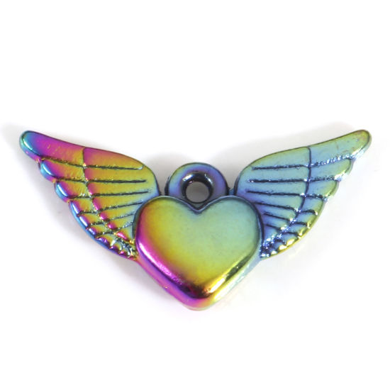 Bild von Zinklegierung Valentinstag Charms Regenbogenfarbe Plattiert Flügel Herz 25mm x 13mm, 5 Stück