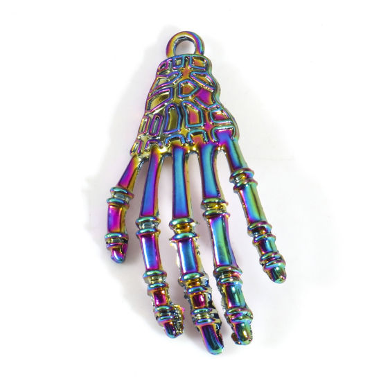Bild von Zinklegierung Halloween Anhänger Regenbogenfarbe Plattiert Schädel Hand 4.2cm x 2.2cm, 5 Stück