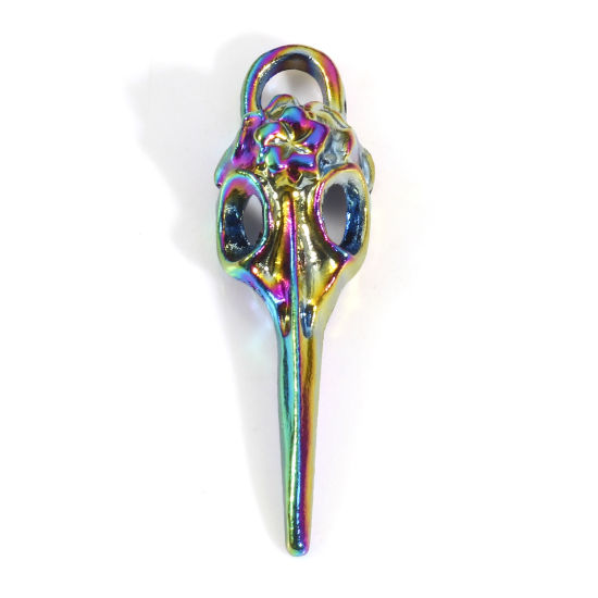 Bild von Zinklegierung Halloween Anhänger Regenbogenfarbe Plattiert Skelett Schädel Vogel 4cm x 1.2cm, 5 Stück