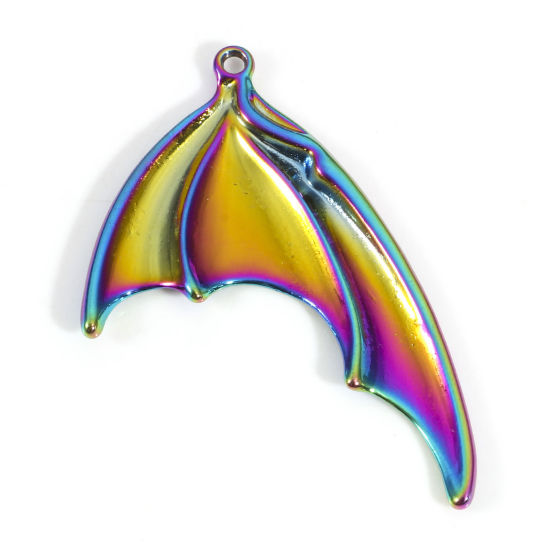 Bild von Zinklegierung Halloween Anhänger Regenbogenfarbe Plattiert Halloween Fledermaus Flügel 5.3cm x 3.1cm, 5 Stück