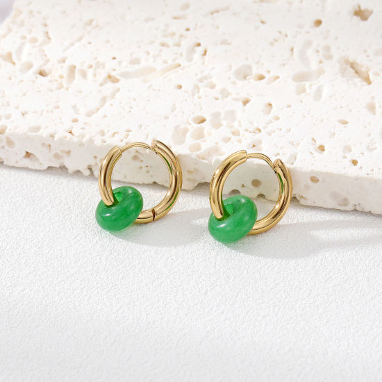 Picture of Eco-friendly Vacuum Plating 304 Stainless Steel Beaded Hoop Earrings Gold Plated Green Round 12mm Dia., 1 Pair