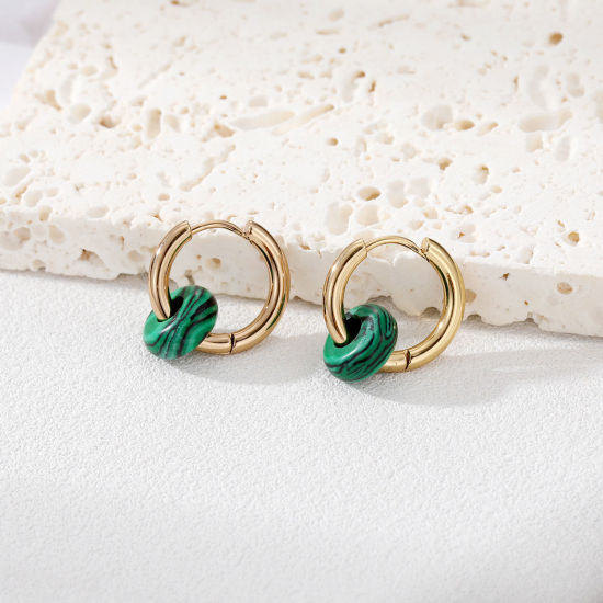 Picture of Eco-friendly Vacuum Plating 304 Stainless Steel Beaded Hoop Earrings Gold Plated Peacock Green Round 12mm Dia., 1 Pair