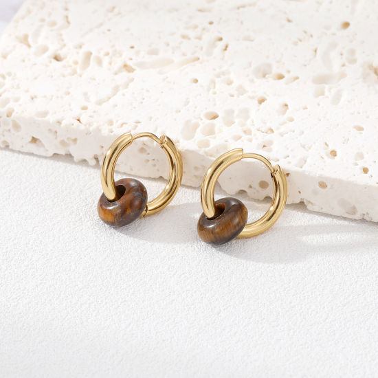 Picture of Eco-friendly Vacuum Plating 304 Stainless Steel Beaded Hoop Earrings Gold Plated Brown Round 12mm Dia., 1 Pair