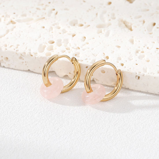 Picture of Eco-friendly Vacuum Plating 304 Stainless Steel Beaded Hoop Earrings Gold Plated Light Pink Round 12mm Dia., 1 Pair