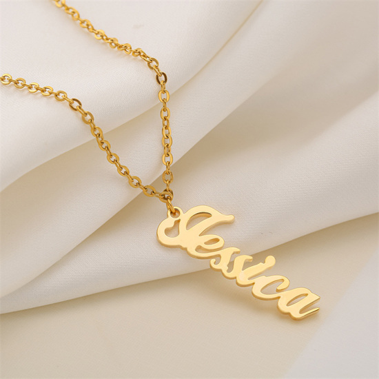 Picture of 1 Piece Stainless Steel Customized Name Necklace Personalized Letter Charm Pendant Gold Plated 45cm(17.7") long