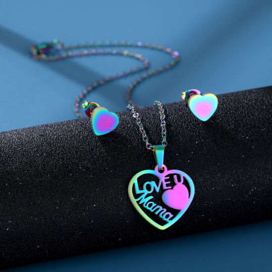 Bild von 201 Edelstahl Muttertag Schmuck Set （Halskette & Ohrring） Regenbogenfarbe Plattiert Herz Message " Love U Mama " 45cm lang, 1 Set