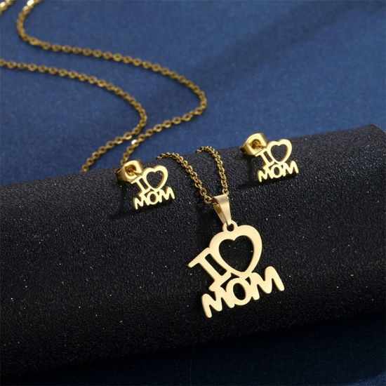 Bild von 201 Edelstahl Muttertag Schmuck Set （Halskette & Ohrring） Vergoldet Message " I Love Mom " 45cm lang, 1 Set
