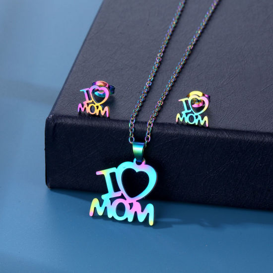 Bild von 201 Edelstahl Muttertag Schmuck Set （Halskette & Ohrring） Vergoldet Message " I Love Mom " 45cm lang, 1 Set