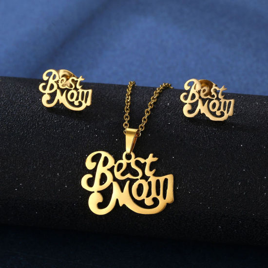 Picture of 201 Stainless Steel Mother's Day Jewelry Necklace Stud Earring Set Gold Plated Message " BEST MOM " 45cm(17 6/8") long, 1 Set