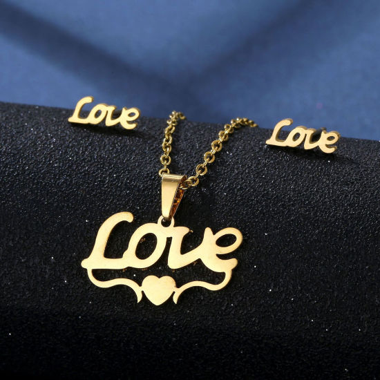 Bild von 201 Edelstahl Muttertag Schmuck Set （Halskette & Ohrring） Vergoldet Herz Message " LOVE " 45cm lang, 1 Set