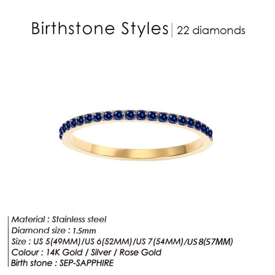 Picture of Eco-friendly 304 Stainless Steel Birthstone Unadjustable Rings 14K Gold Plated September Royal Blue Rhinestone 15.7mm(US Size 5), 1.5mm, 1 Piece