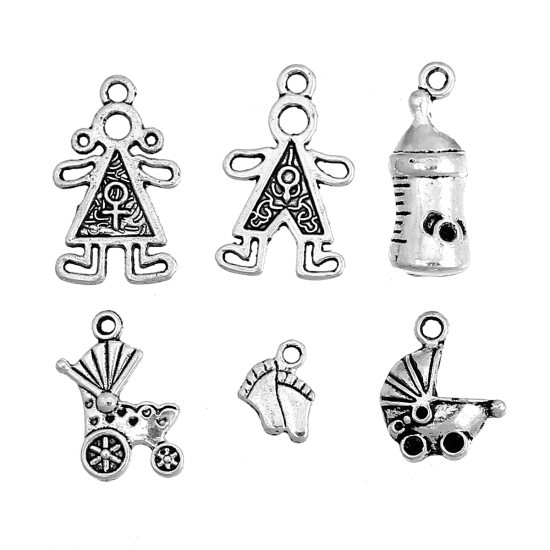 Immagine di Lega di Zinco Charm Ciondoli Misto Argento Antico Nulla Disegno 11.6mm-24mm x 8.5mm-15mm, 30 Pz