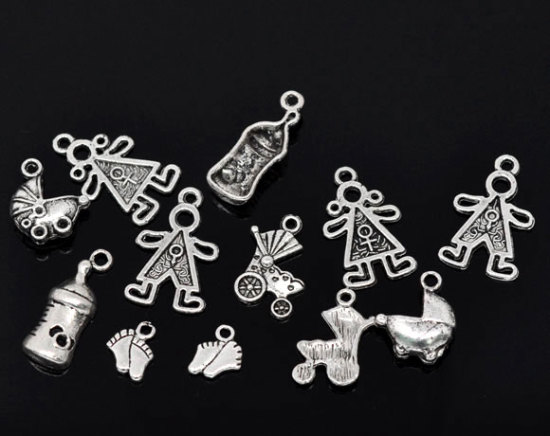 Immagine di Lega di Zinco Charm Ciondoli Misto Argento Antico Nulla Disegno 11.6mm-24mm x 8.5mm-15mm, 30 Pz
