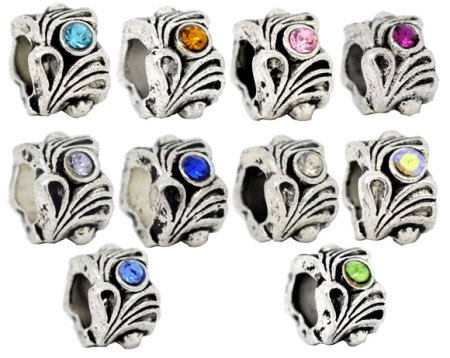 Zinc Metal Alloy European Style Large Hole Charm Beads Flower Antique Silver Color Mixed Rhinestone Pattern About 12mm x 8mm, Hole: Approx 5.6mm, 10 PCs