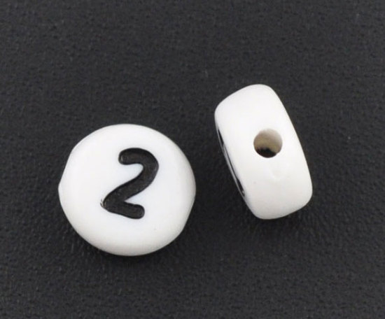 Image de Perles en Acrylique Forme Rond Blanc Chiffres " 2 " 7mm Dia, Tailles de Trous: 1mm, 500 Pcs