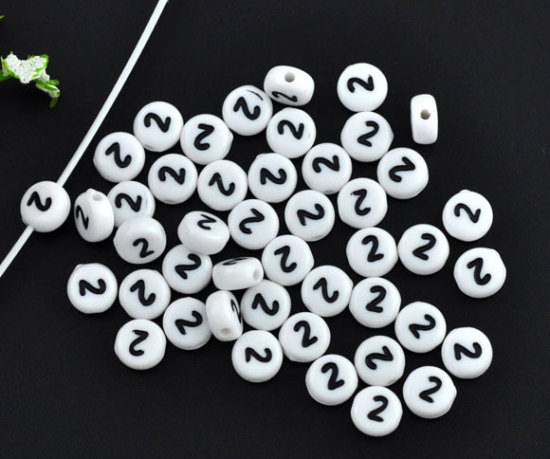 Bild von Acryl Spacer Zwischenperlen Perlen Rund Weiß Zahl " 2 " ca. 7mm D., Loch:ca. 1mm, 500 Stücke